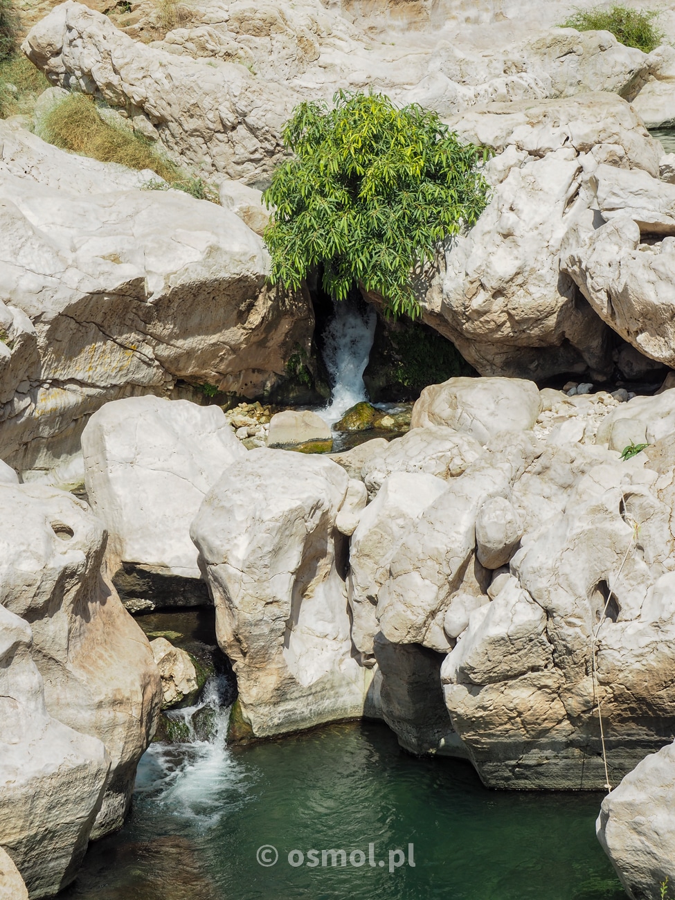 Mały wodospad na trasie do jaskini Turyści kąpiący się w Wadi Bani Khalid